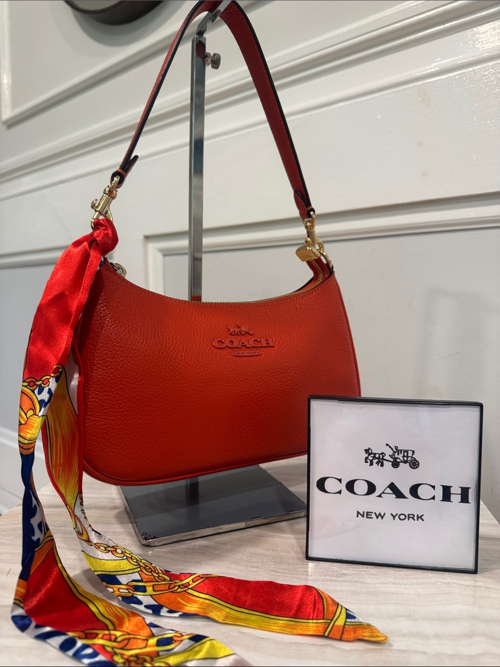 Coach Bag Teri Orange Pebbled Leather Small Shoulder Bag with Scarf Accent